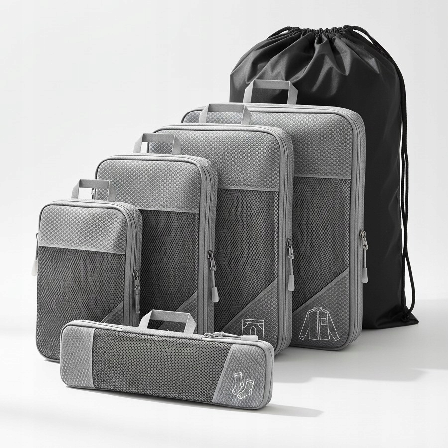 Zestaw 6 szt etui podróżne kompresyjne organizer do bagażu szary