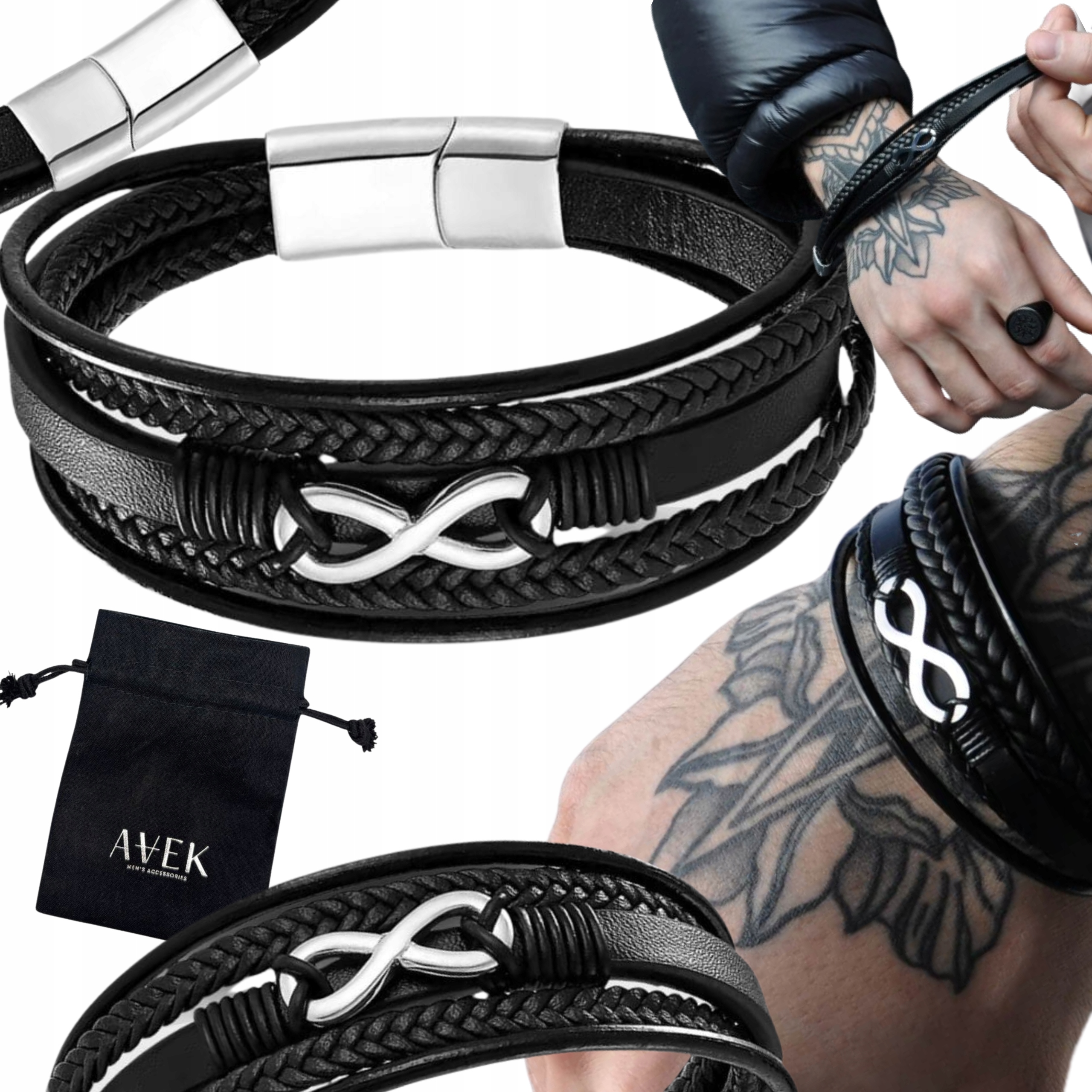 Pánský Náramek Černý Široký Nekonečno Jako Dárek 23 CM