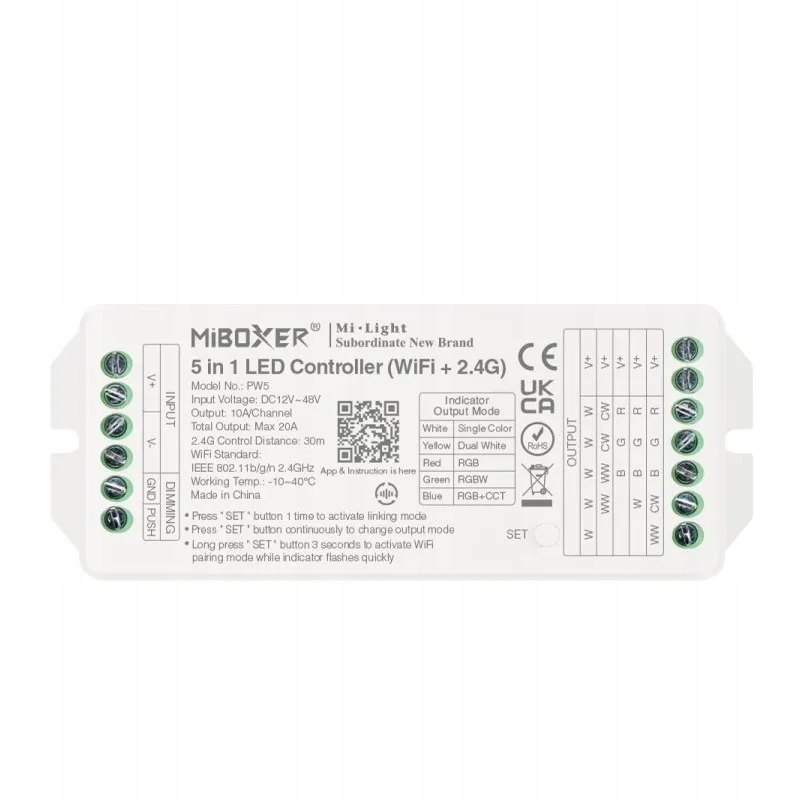 MiBoxer PW5 Sterownik Do Taśma Led 5w1 Rgb Cct 2.4G+WiFi 12-48V 20A MiLight