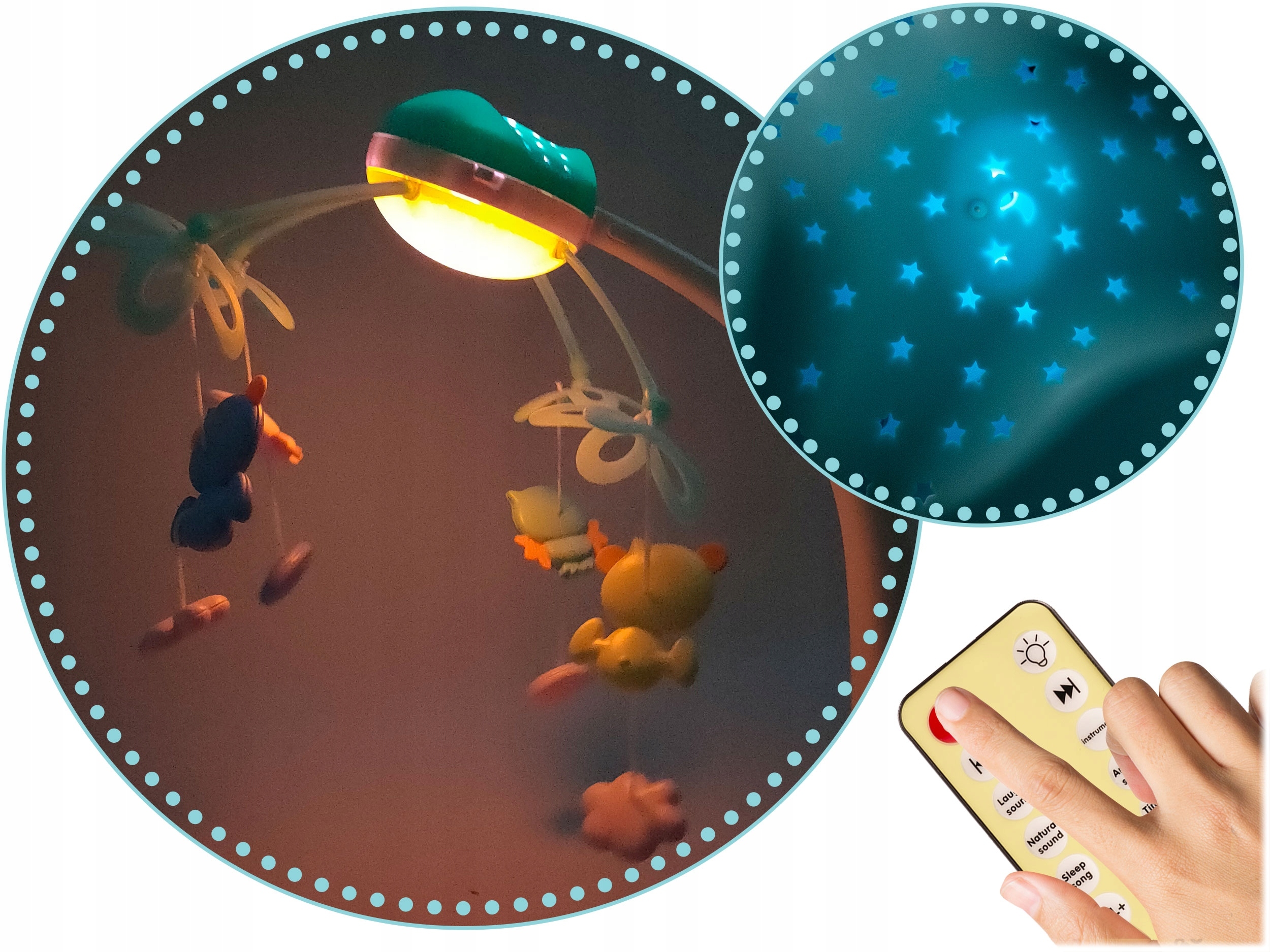 KARUZELA DO ŁÓŻECZKA PROJEKTOR LAMPKA PILOT MUZYKA NIEBIESKA Szerokość produktu 30 cm