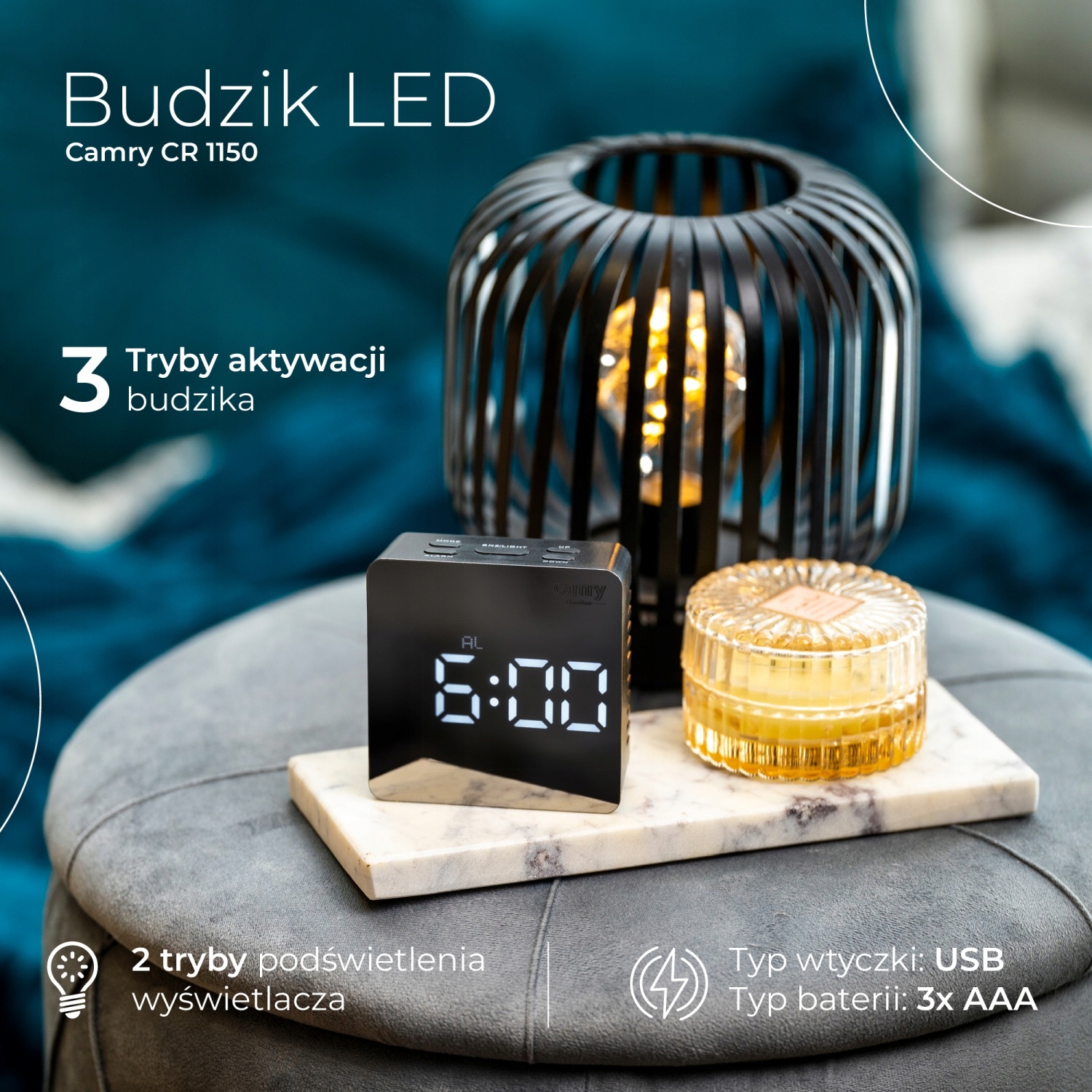 Budzik LED CR 1150 Czarny z Wyświetlaczem Temperatury i 3 Trybami Alarmu