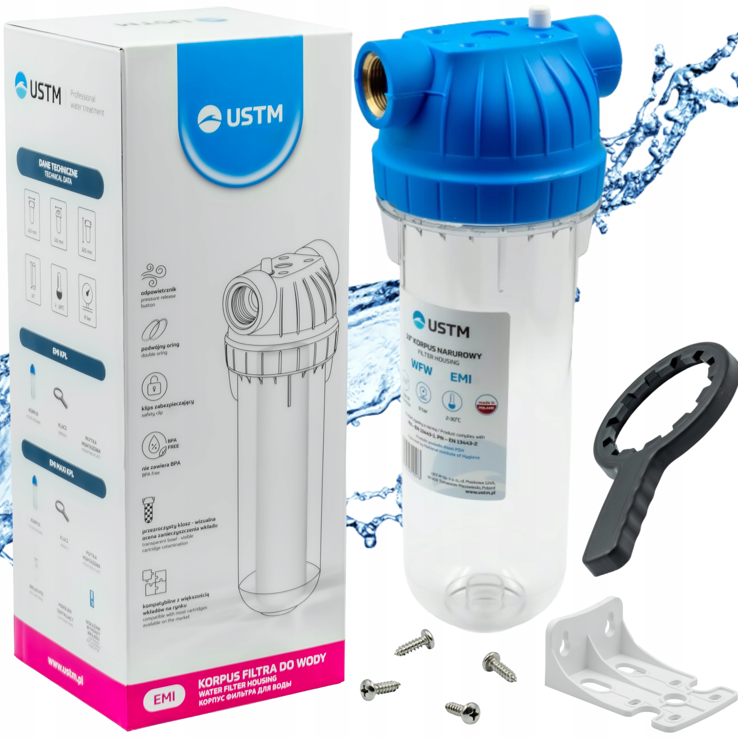 Zestaw Komplet Filtr Do Wody Domu Korpus Ustm 1" Emi 10' Uchwyt Klucz-Zdjęcie-0