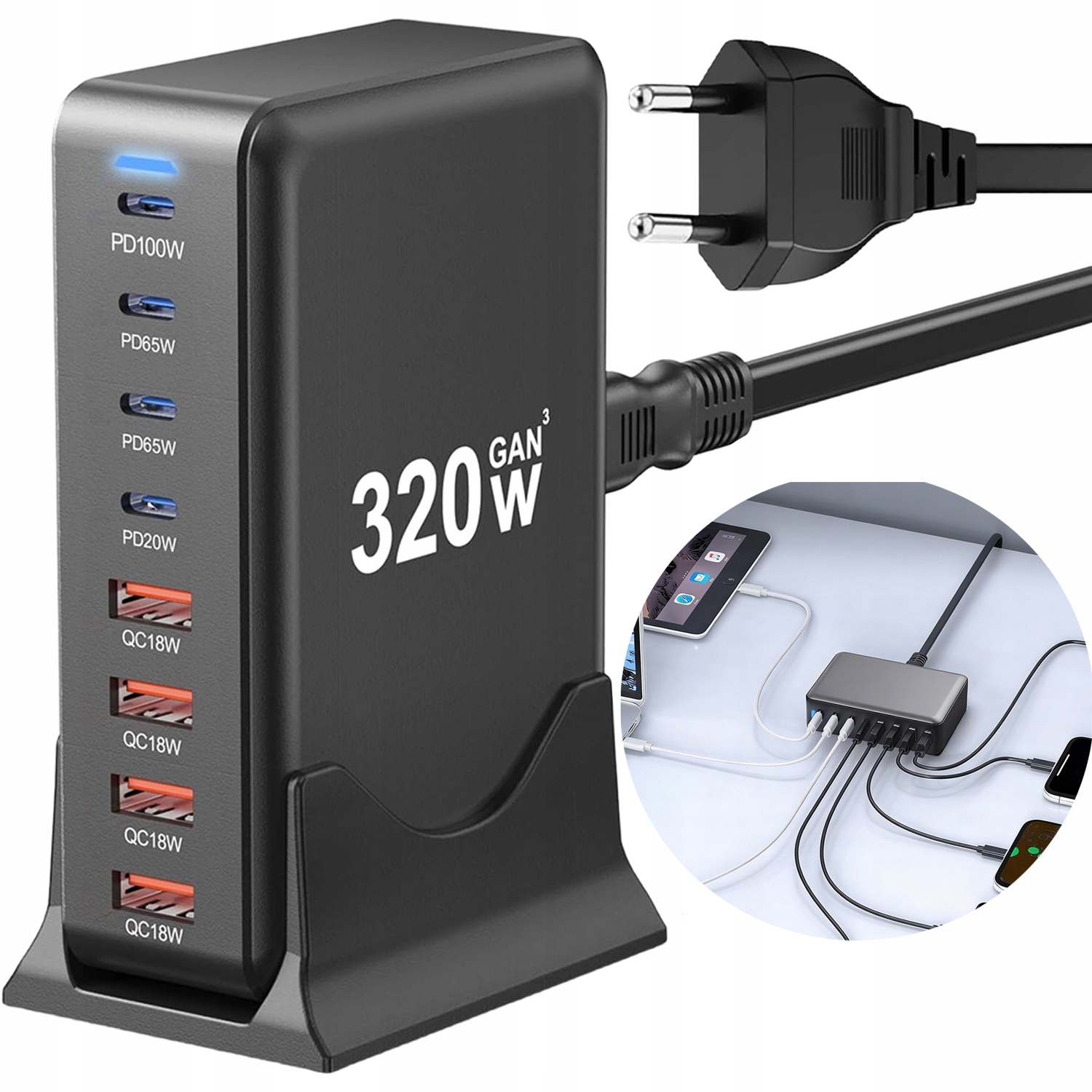 Szybka Ładowarka 320W 4x Pd 100W 4x Qc Do Telefonu i Tableta