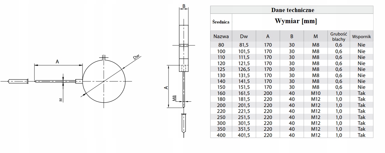 OBEJMA ŚCIENNA KWASOODPORNA FI 120 mm Z KOŁKIEM EAN (GTIN) 5905068011270
