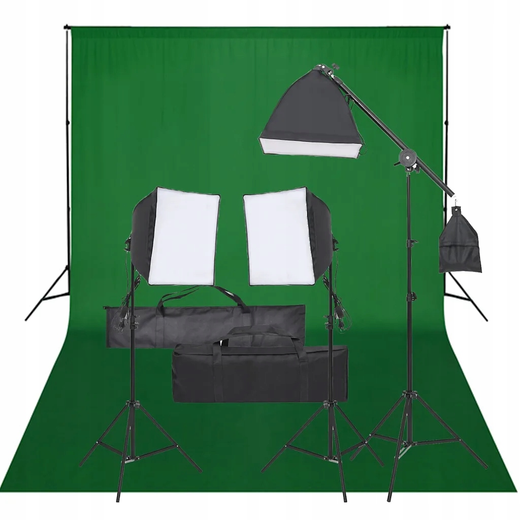 Kompletny Zestaw Fotograficzny z Softboxami i Tłem Zielonym 500x300 cm