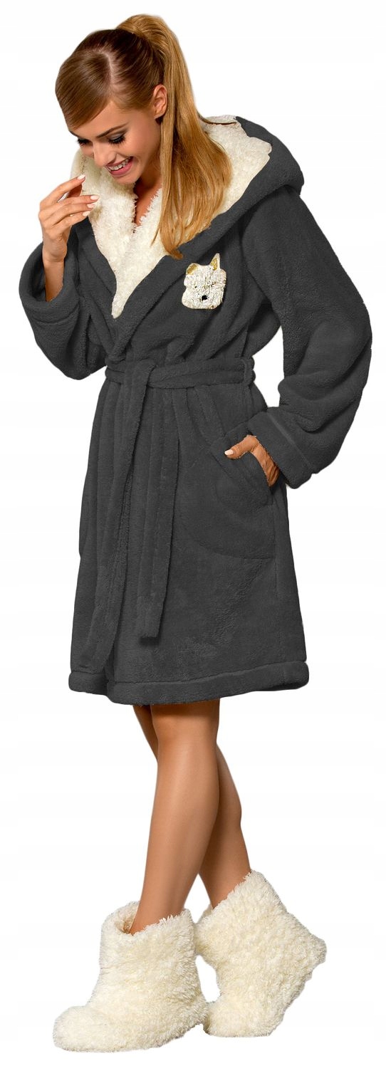 KRÓTKI PUCHOWY DAMSKI SZLAFROK Z PSEM PODOMKA S Rozmiar S