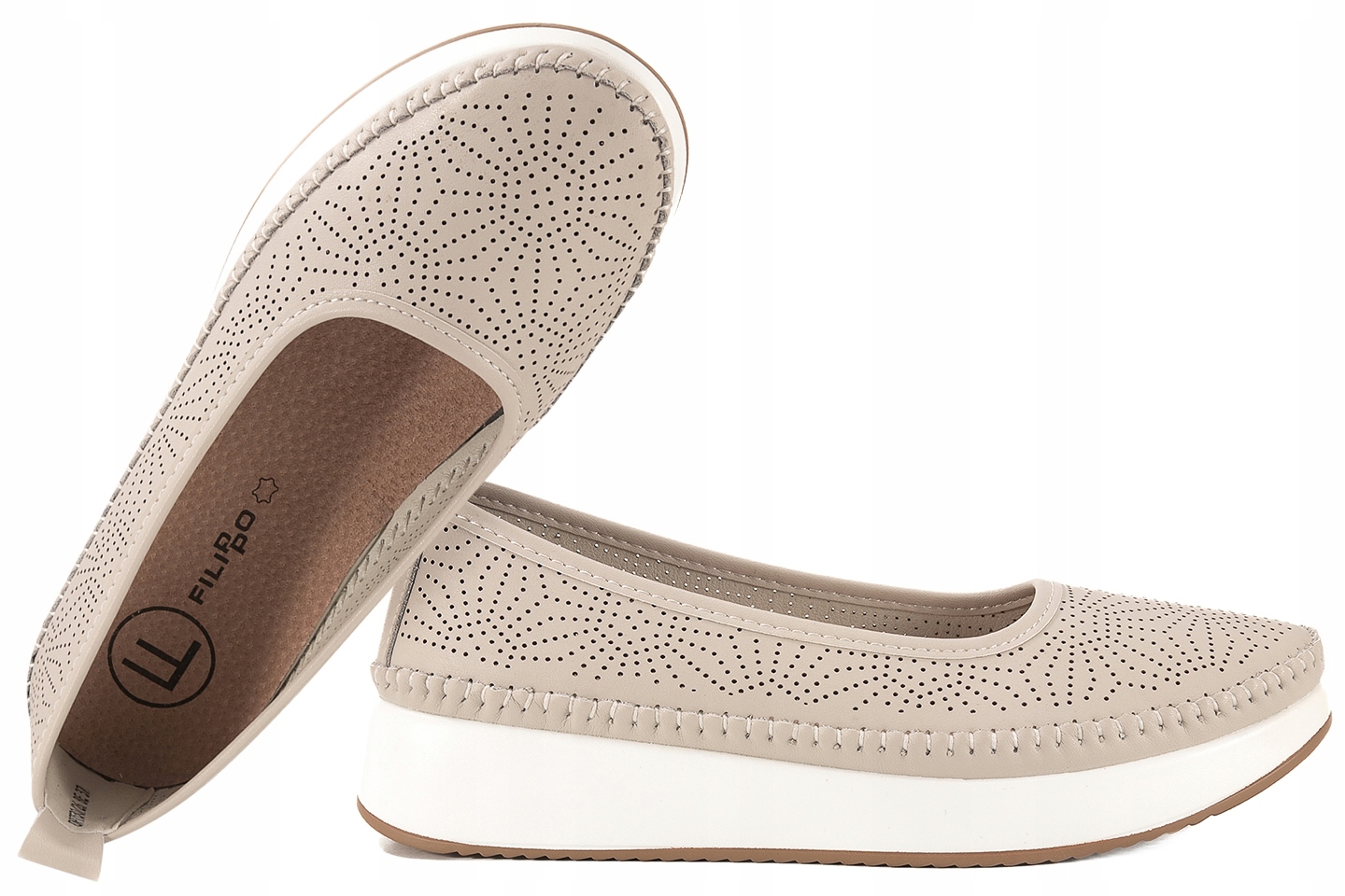 Filippo DP7530 Ažurové Kožené Baleríny Polobotky Na Platformě, béžové, velikost 38