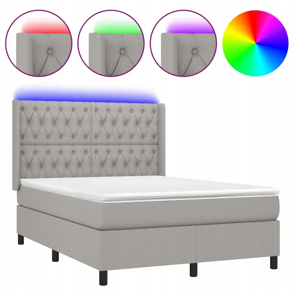 Kontinentální postel světle šedá s matrací 140 x 200 cm a Led diodami