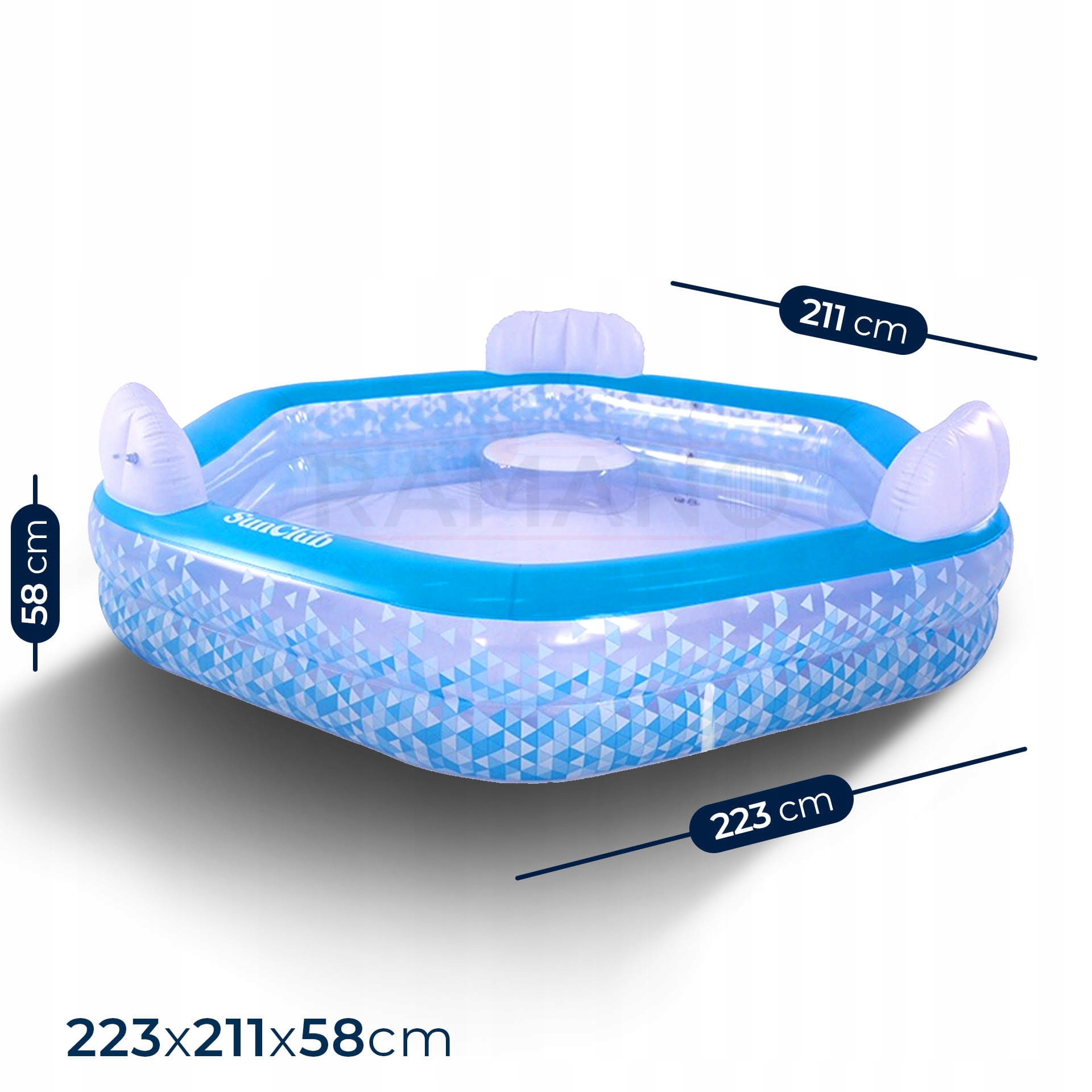 Nafukovací bazén s sedadlami pre 4 osoby obdĺžnikový sunclub 223 x 211 cm