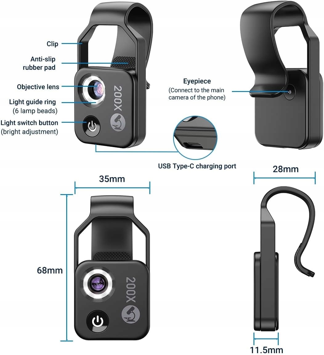 OBIEKTYW MIKROSKOP CYFROWY 200X DO TELEFONU SMARTFONA Kod producenta 200X Phone Mini Pocket Microscope with LED