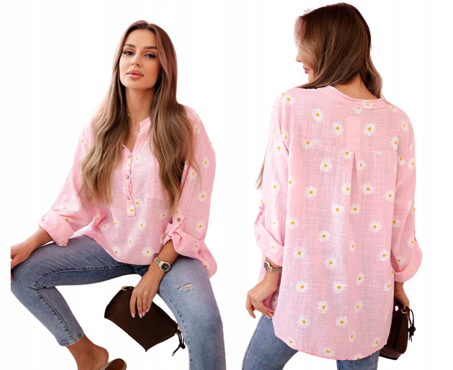 Cukierkowy róż lniana damska bluzka w kwiaty z długim rękawem i guzikami