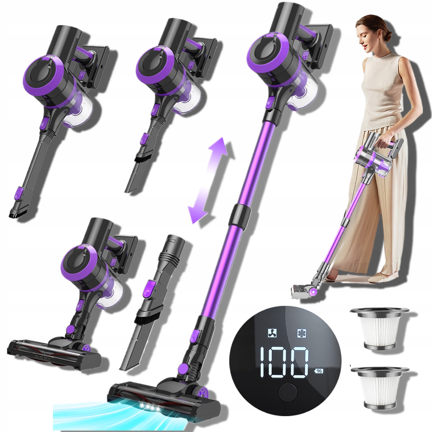 Mocny Bezprzewodowy Pionowy Odkurzacz 400 W 30KPA Lampą Led