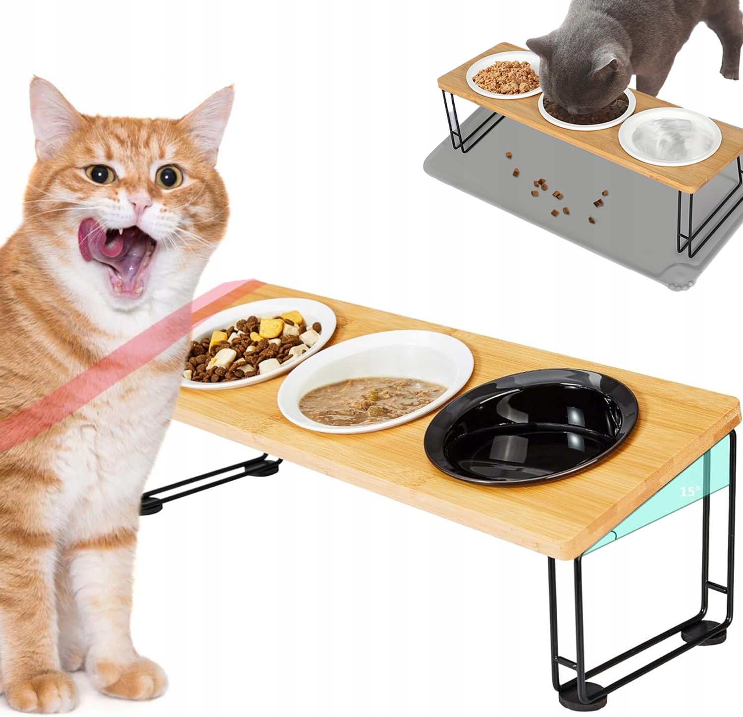 Levně Sada 3 Ks Keramických Misek Na Stojanu Pro Kočky Nakloněná O 15°