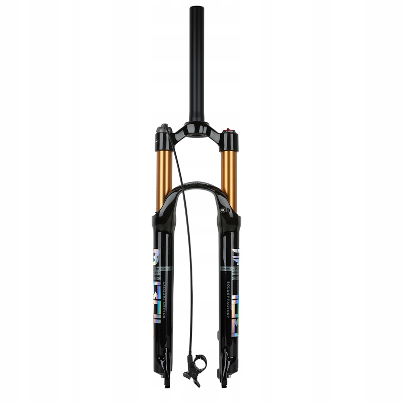 Bolany Amortyzator rowerowy przedni 26” skok 120MM, pod hamulce tarczowe (disc), z manetką blokady (Remote control). Kolor: Złoty.