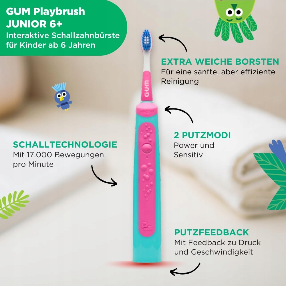 GUM Playbrush Junior Szczoteczka Elektryczna Dla Dzieci 6+ Różowa — miniatura 2