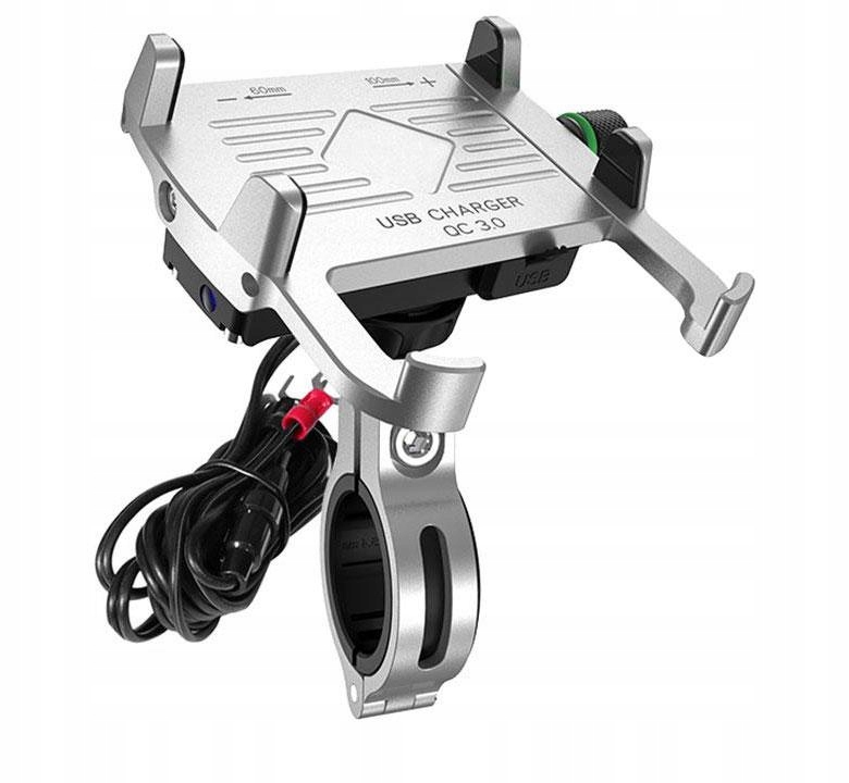 Držák na motocyklový telefon s rychlonabíječkou, kovový, Usb Qc stříbrný