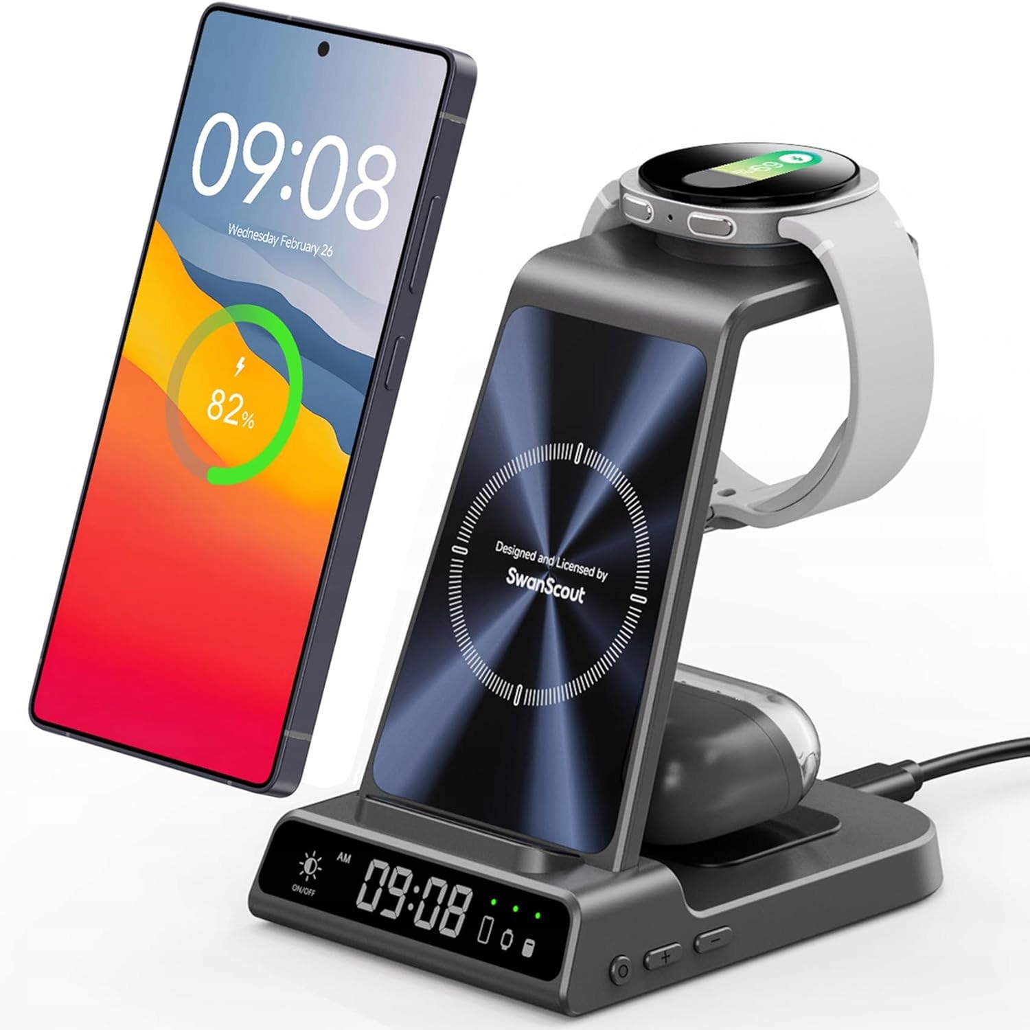 SwanScout Ładowarka indukcyjna 3w1 do Samsung Galaxy Watch Buds z zegarem