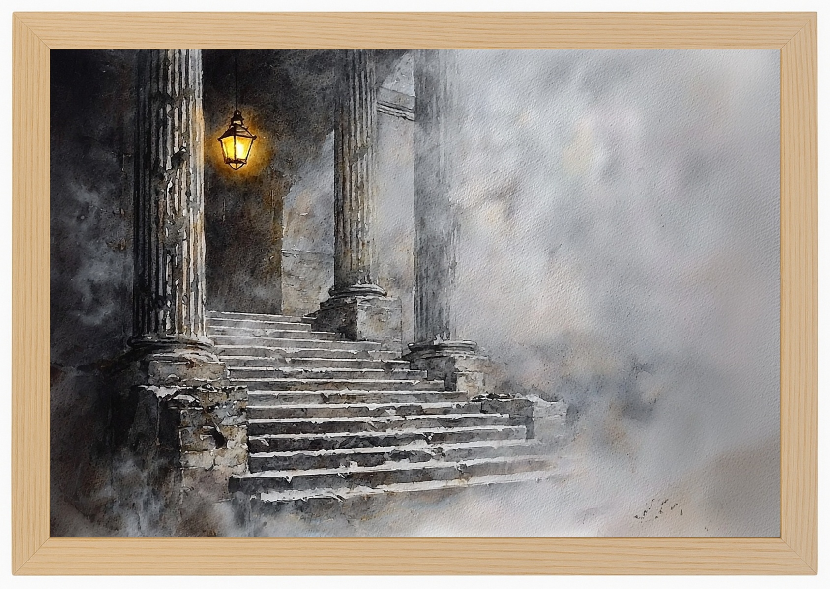 Rámeček Dřevěný Plakát Schodiště Dveře Mlha Záhada Hrůza 60x40