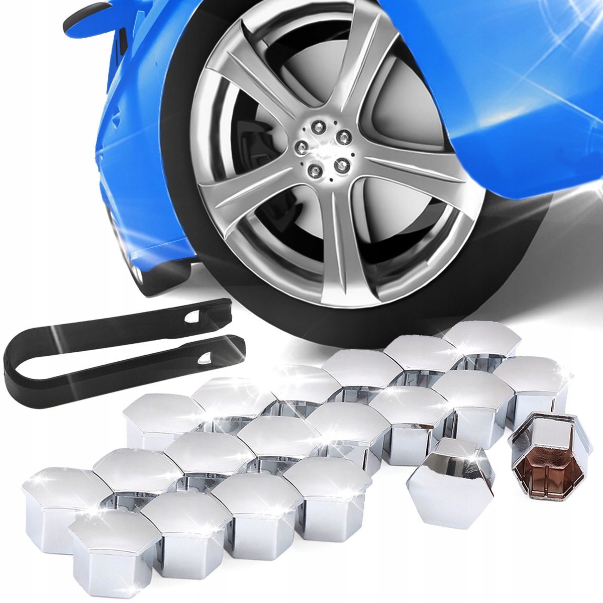 NAKŁADKI ZAŚLEPKI KAPSLE NA ŚRUBY KOŁA FELGI 19mm Chromowane Zestaw 20szt