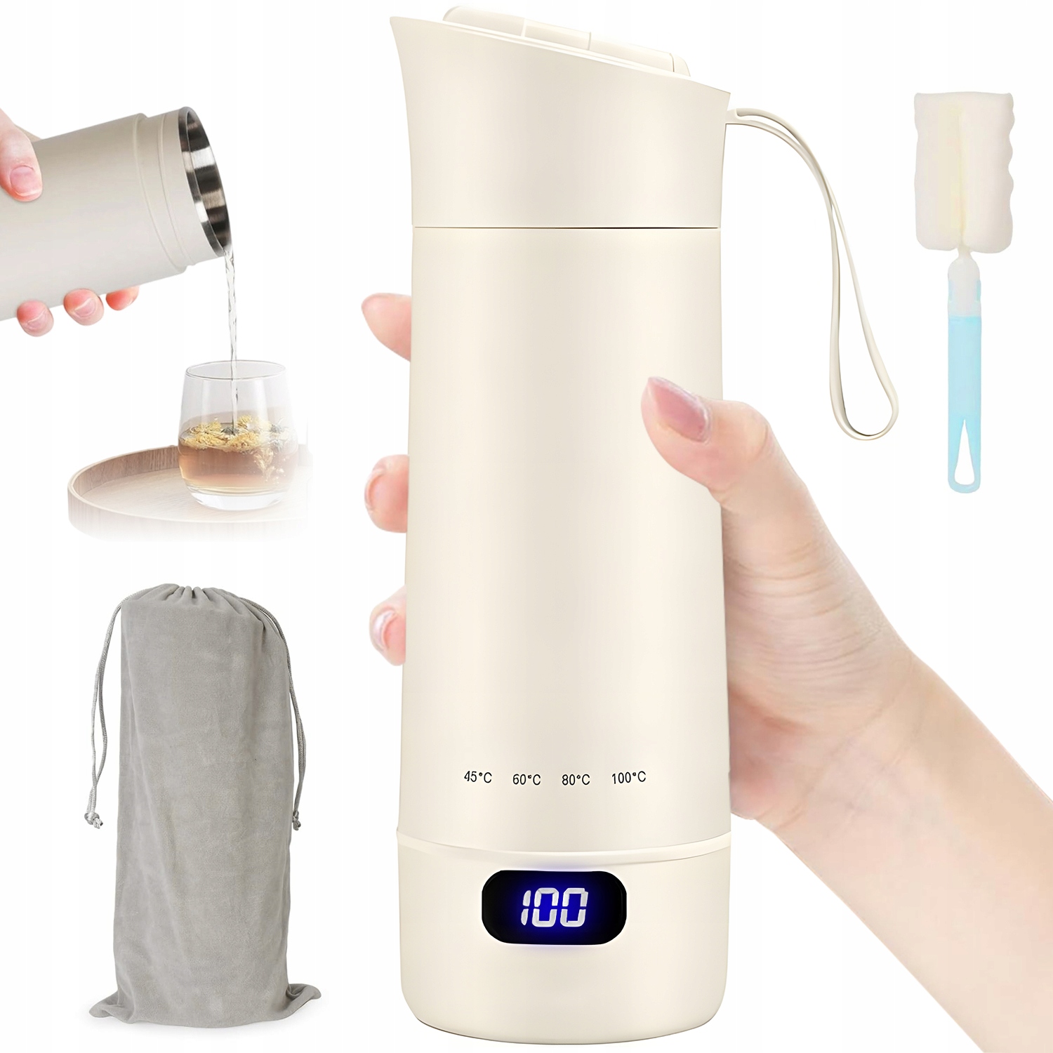 Cestovní Konvice Přenosná Termoska Elektrická Konvice 400 ML Sada Bílá