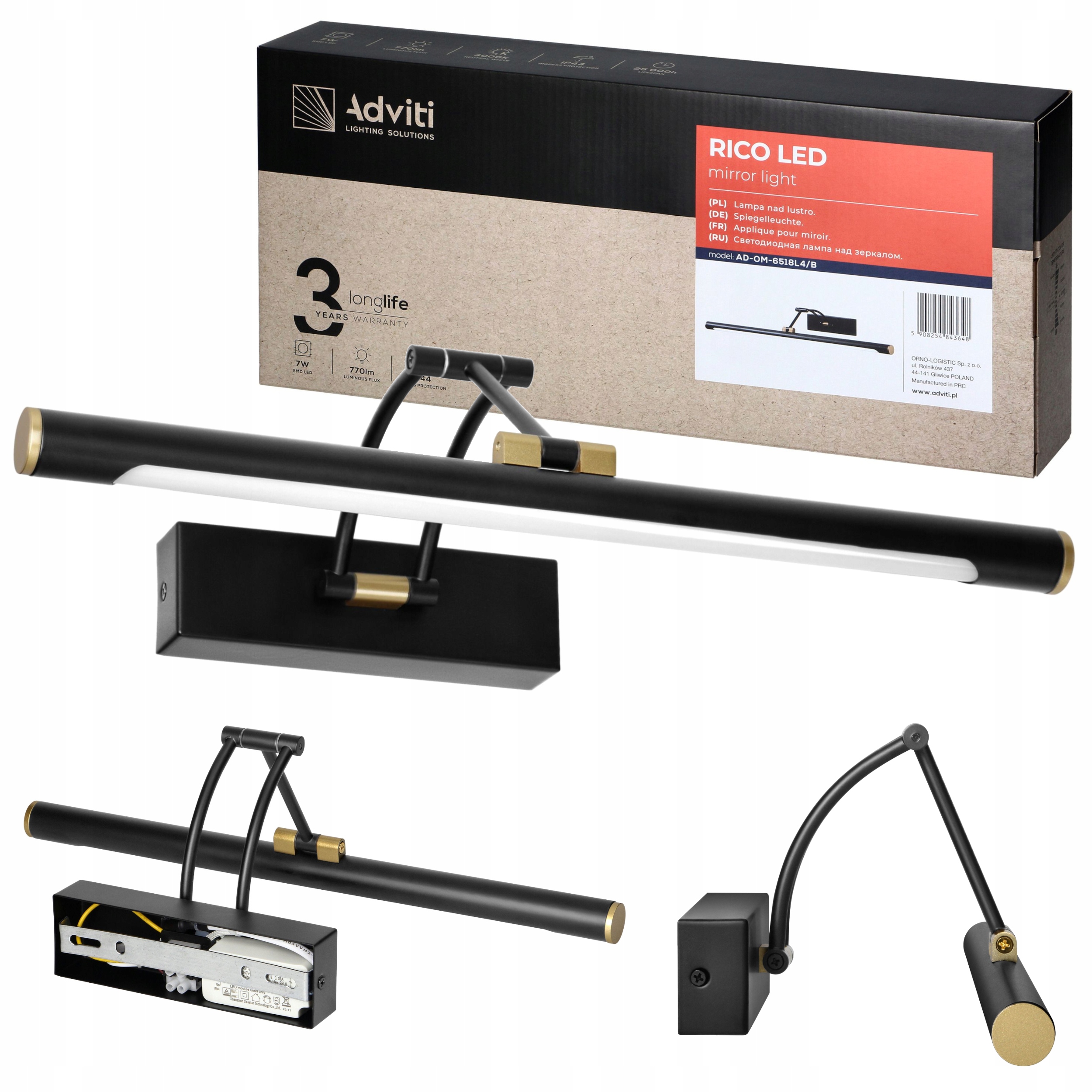 Kinkiet Łazienkowy Led Lampa Nad Lustro 7W 40cm Ruchome Ramię Czarny IP44