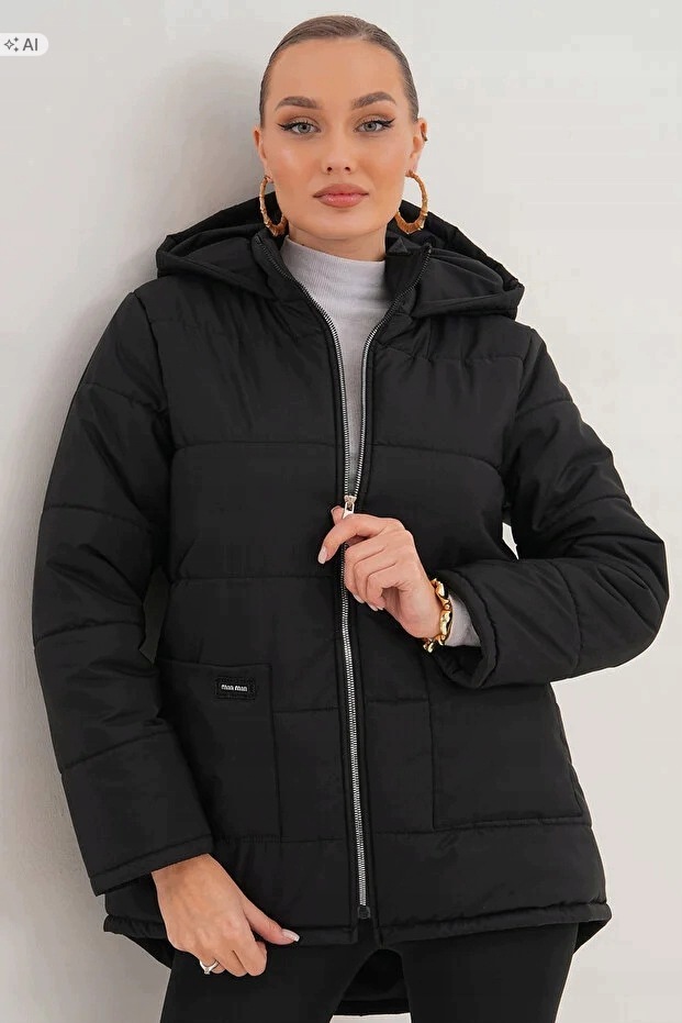 Černá Prošívaná Dámská Bunda S Kapucí Oversize 38 5IA