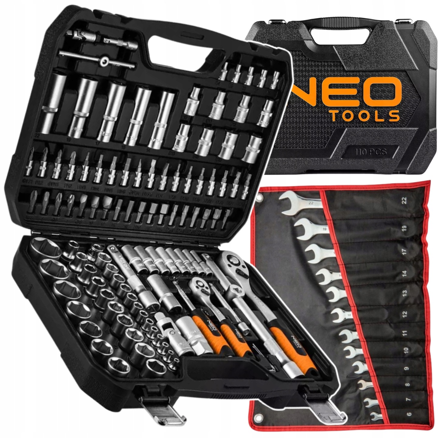 Neo Klucze Nasadowe 110 el. 1/4 1/2 Walizka Klucze Płasko Oczkowe 12 szt.