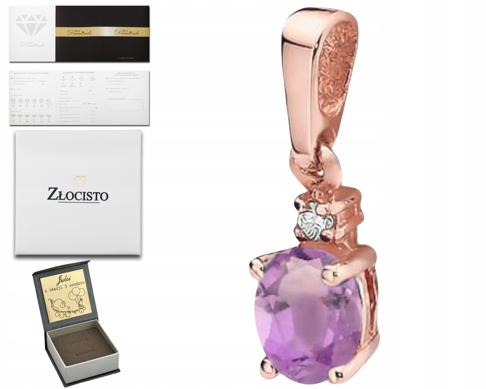 Růžový Zlatý Přívěsek S Ametystem, Gravírování Gravírování Bonus , Dárek 585 Bonus