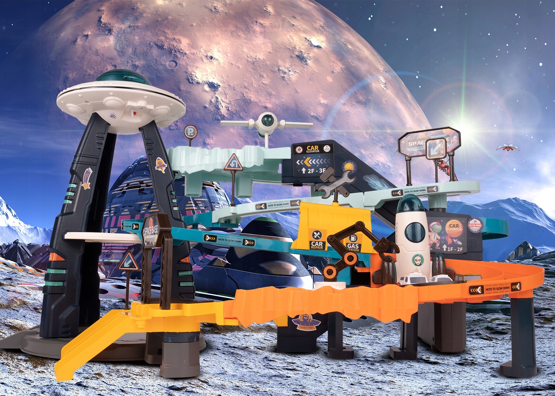 TOR SAMOCHODOWY ZJEŻDŻALNIA parking WINDA BAZA KOSMICZNA SPODEK UFO 4 AUTKA Materiał inny