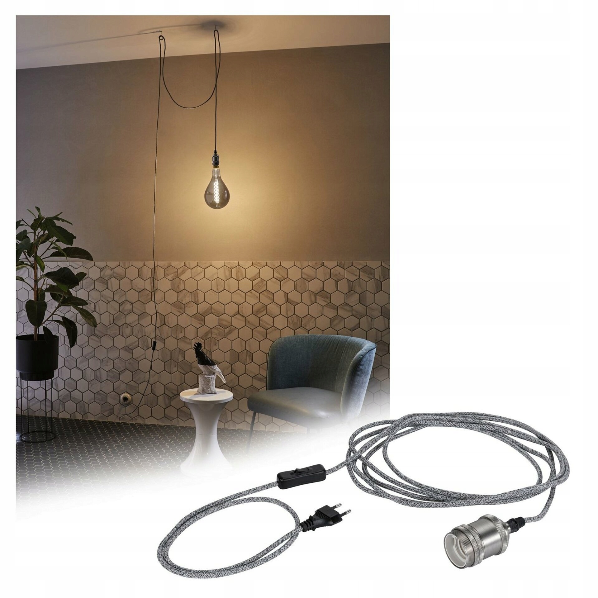 Paulmann Neordic Eldar závěsné svítidlo, 5 m kabel, E27, šedá/nikl, zástrčk