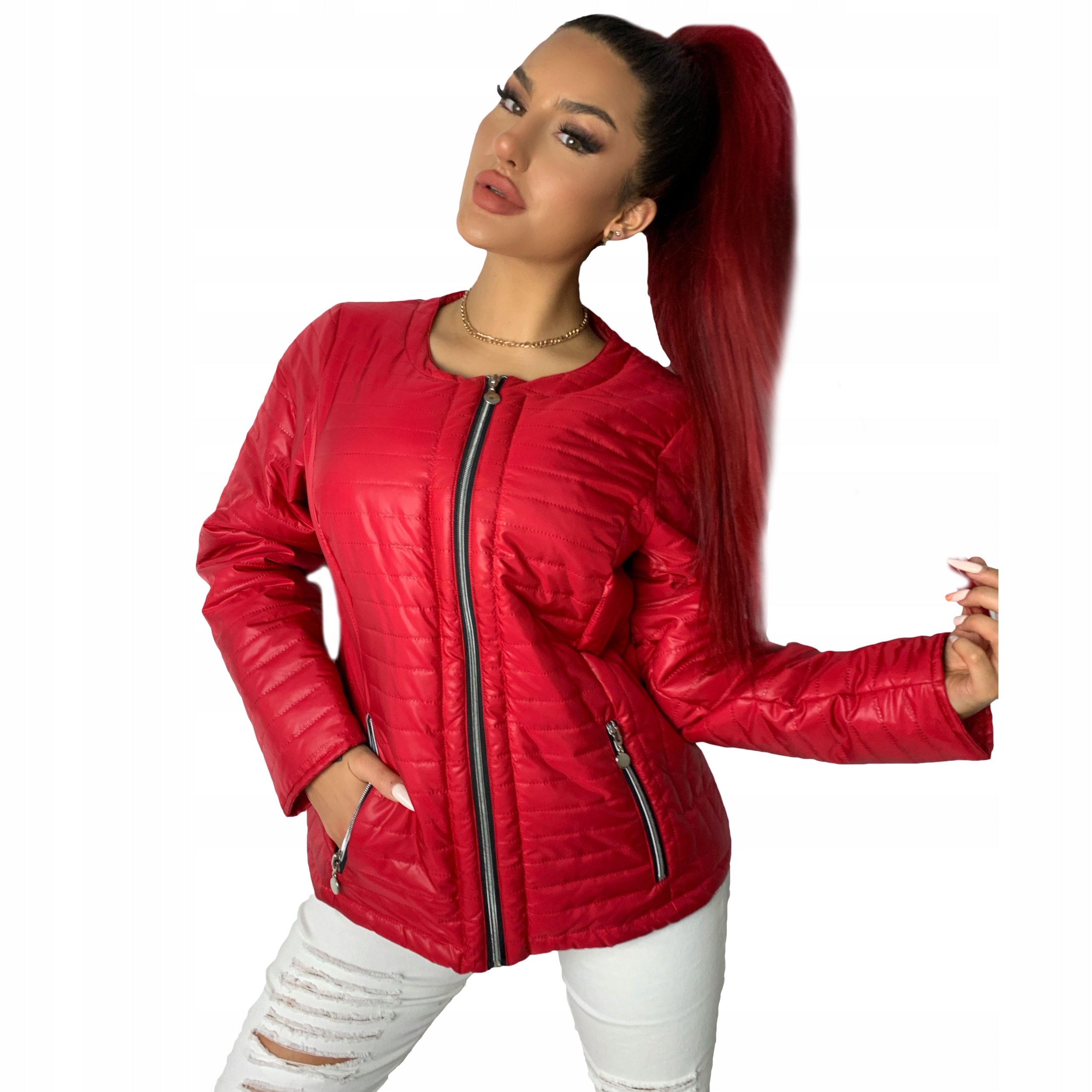 Dámská prošívaná přechodová bunda bez kapuce Tina 08 červená XL