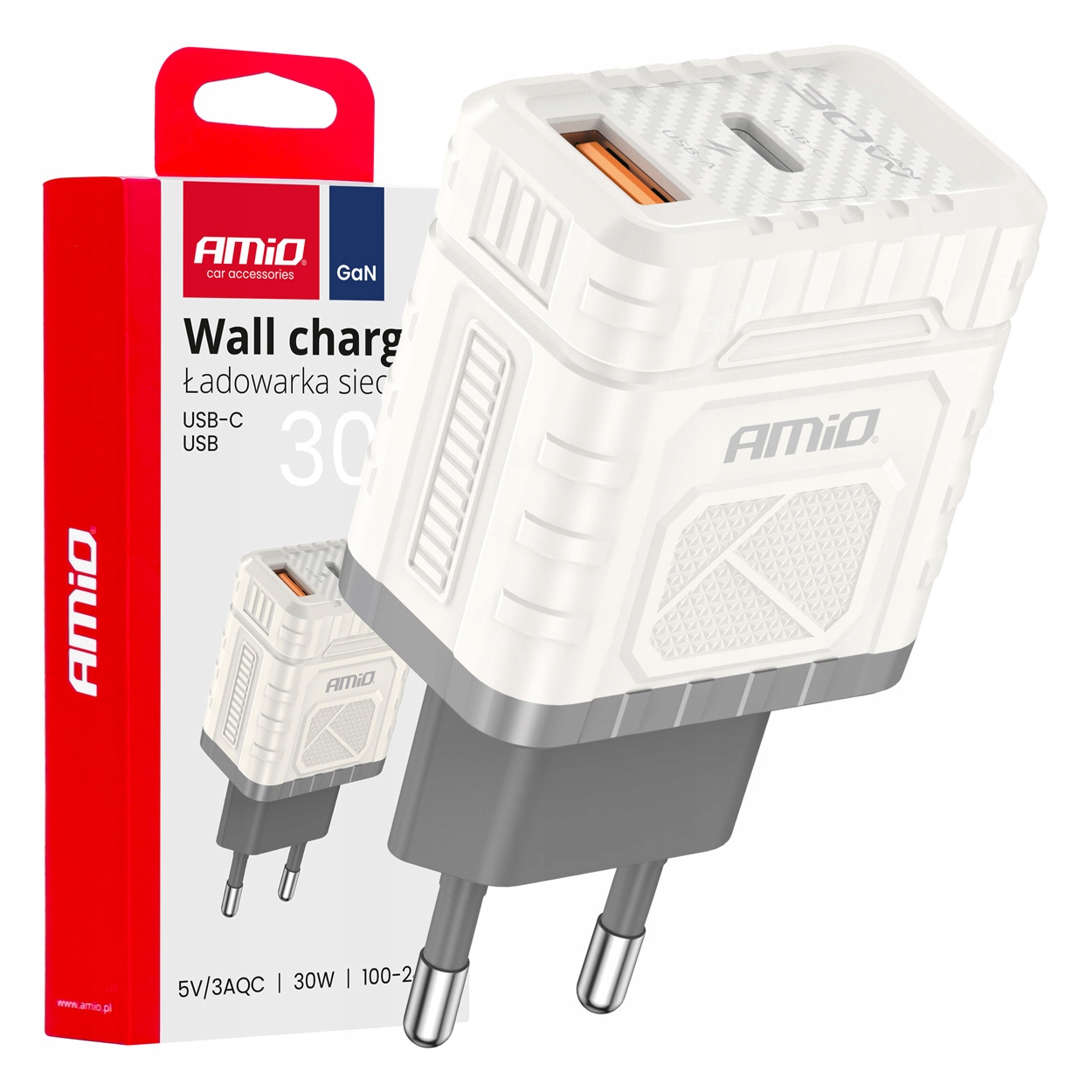 Ładowarka sieciowa Quick Charge GaN 30W Usb-a Usb-c AMIO-04286