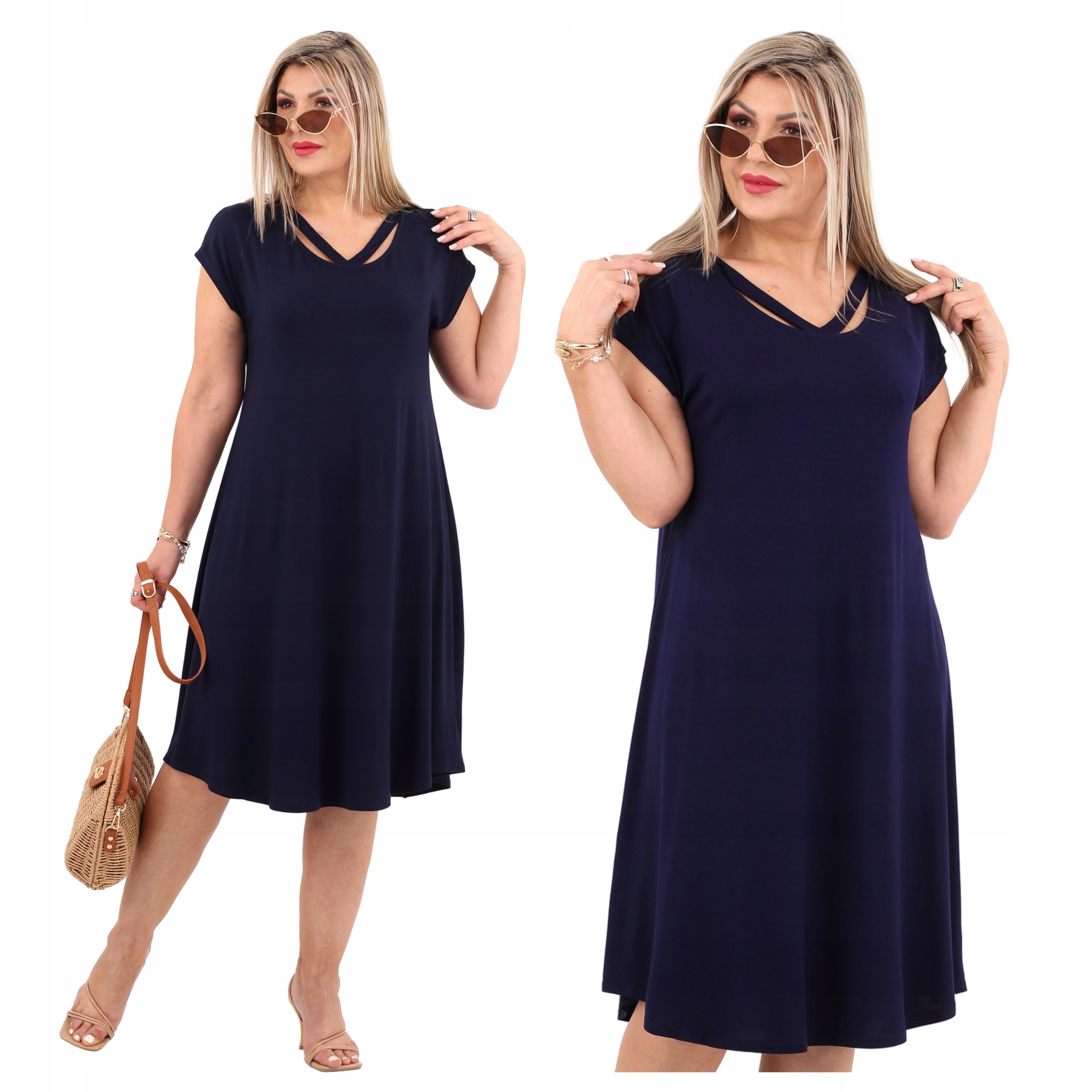 Sukienka na lato zdobiony dekolt Polski Producent duże rozmiary midi luźna