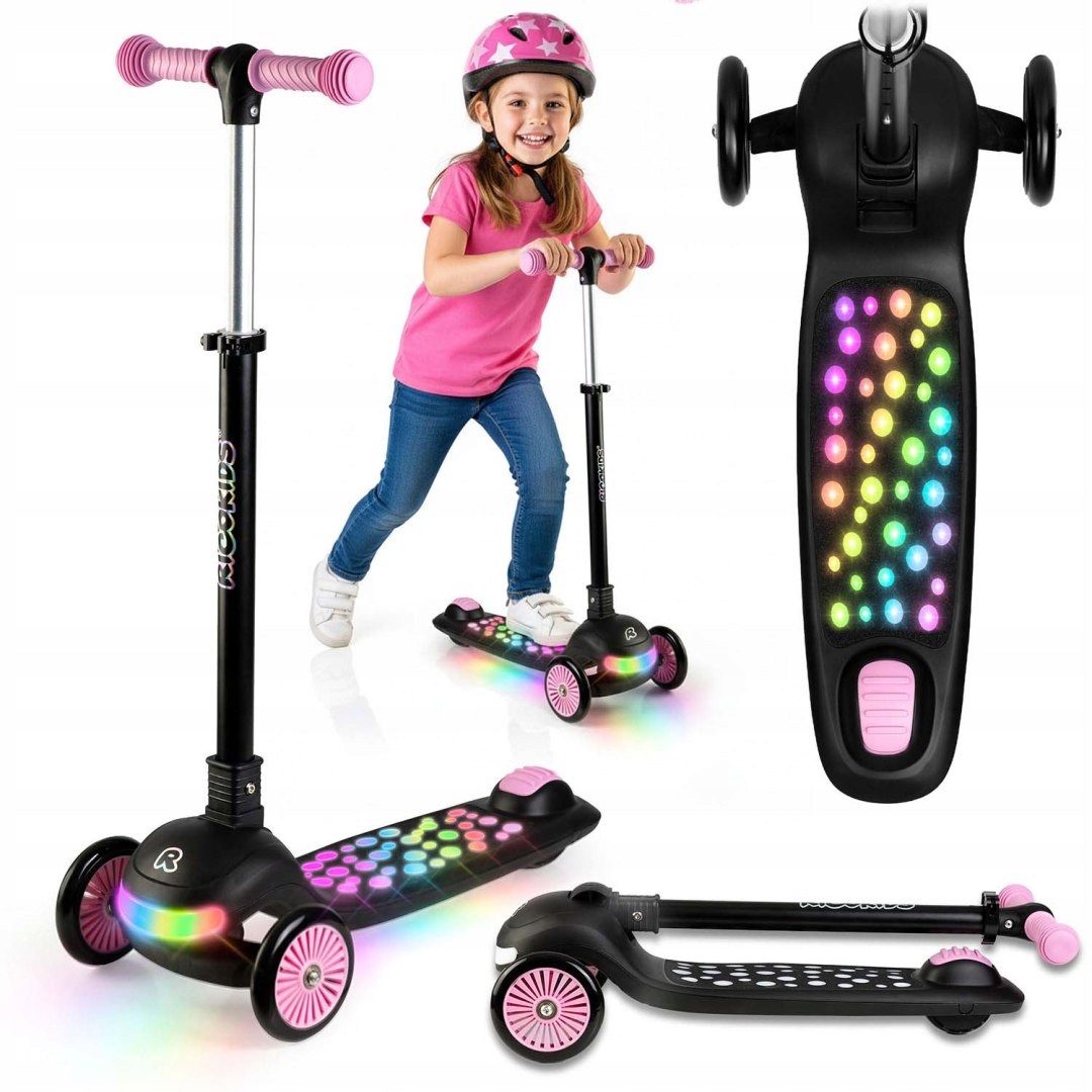 Hulajnoga trójkołowa dla dzieci balansowa Led Ricokids Glowi czarno-różow