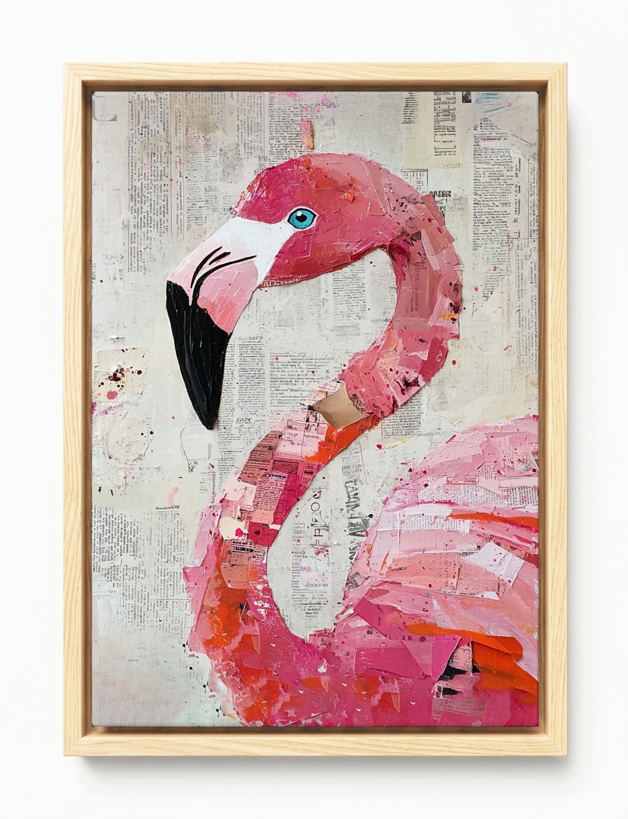 Obraz Rama American Box Koláž Mixed Media Gazeta Pták Růžový Plameňák 80x120