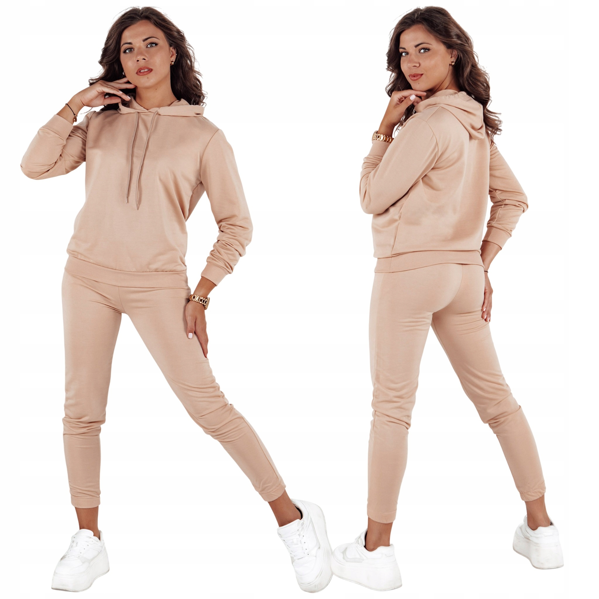 Komplet dresowy damski bluza z kapturem spodnie ciemnobeżowy AY1086 S