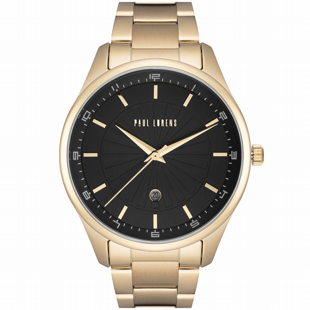 Pánské hodinky Paul Lorens křemenný ciferník černý náramek zlatý 45 mm