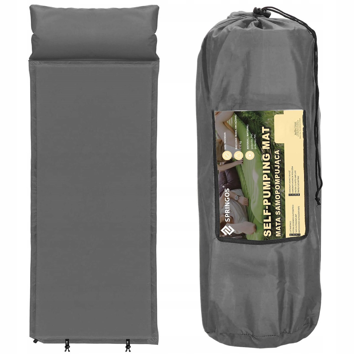 MATA SAMOPOMPUJĄCA KARIMATA TURYSTYCZNA Z PODUSZKĄ 186 cm DMUCHANA GRUBA Kolor dominujący szary