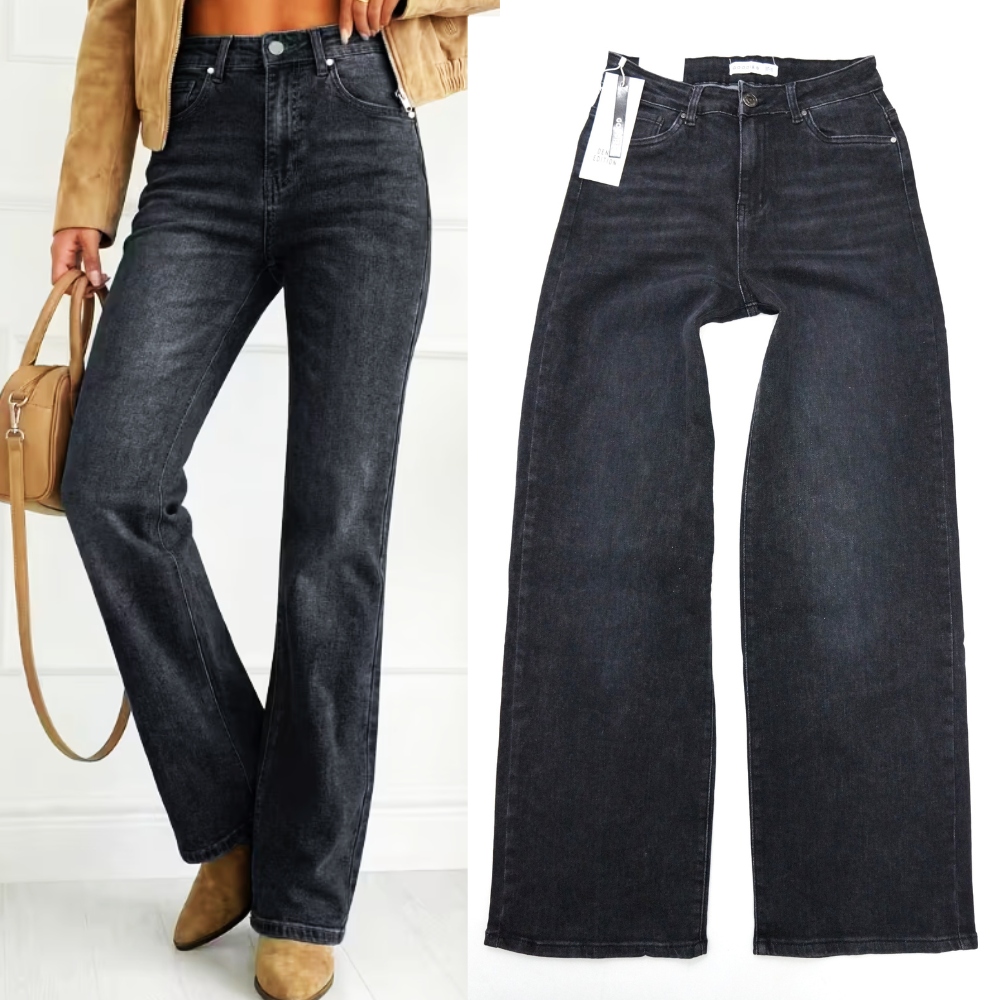 Goodies Damskie Spodnie Jeansowe Szwedy Szerokie Nogawki Proste Szare L/40