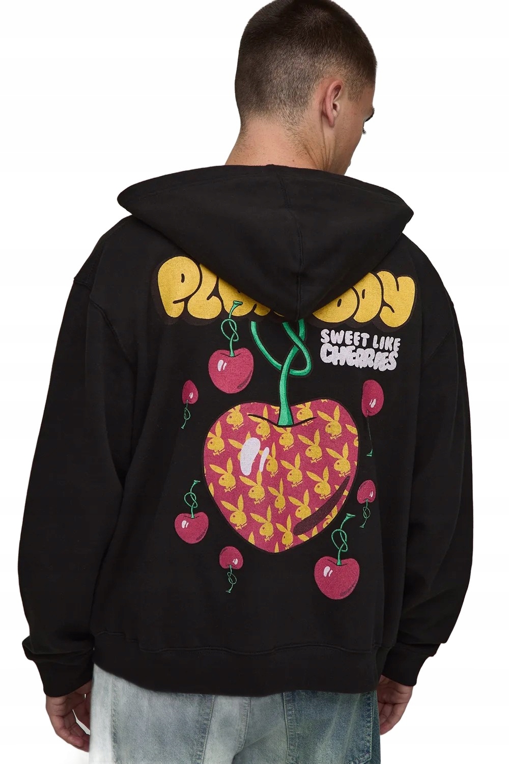 Boohooman Černá Pánská Mikina S Kapucí S Potiskem Ovoce A Logem L Z3A