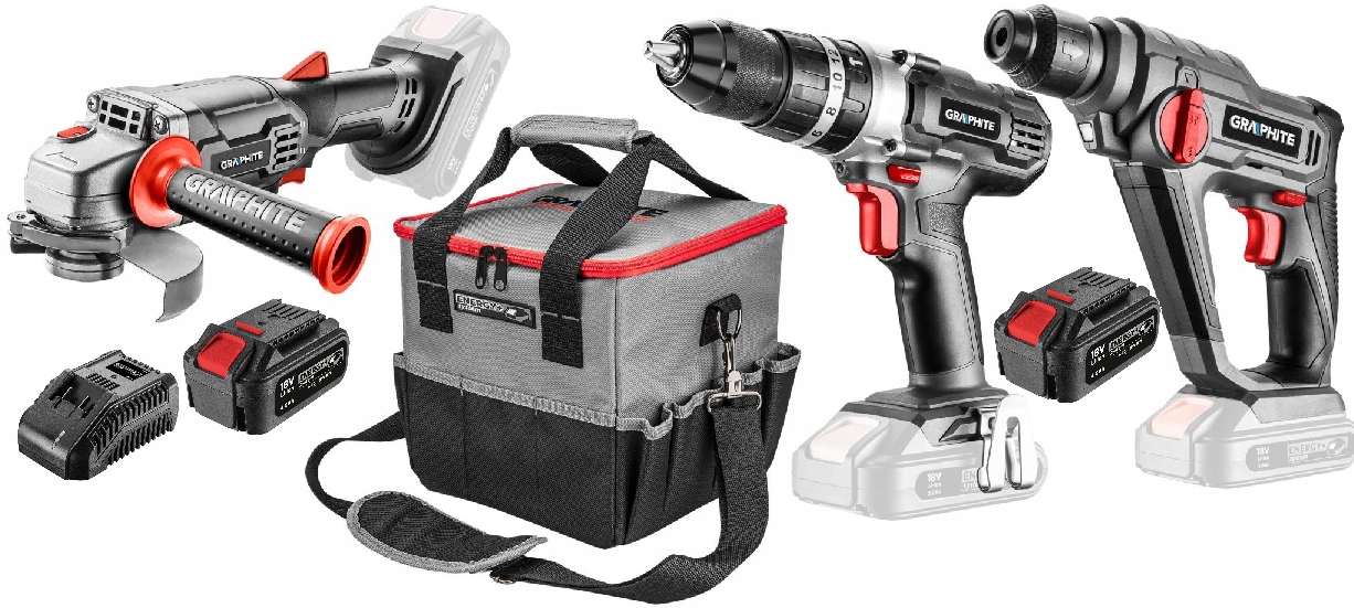 Graphite 2X 4AH Sada Elektrického Nářadí Energy+ 18V Šroubovák Bruska Nabíjení