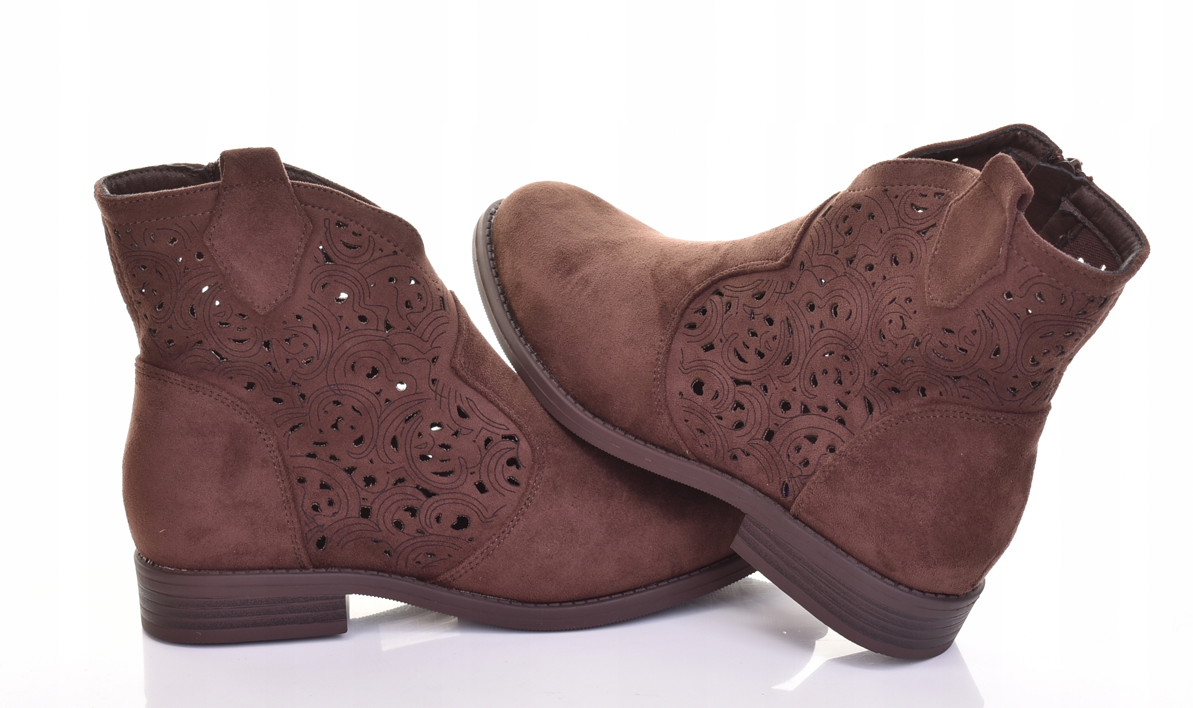 Damskie Botki Zamszowe Ażurowe Płaski Obcas Modne Czekoladowe