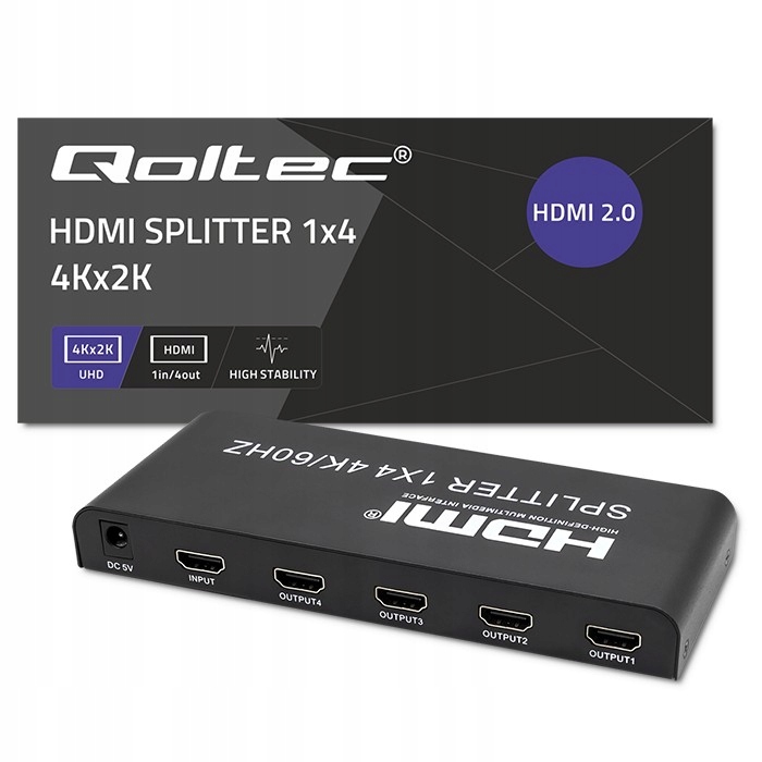 Aktivní rozbočovač Splitter 4xHDMI 4Kx2K 6Gb/s 60Hz vysoká stabilita Qolt