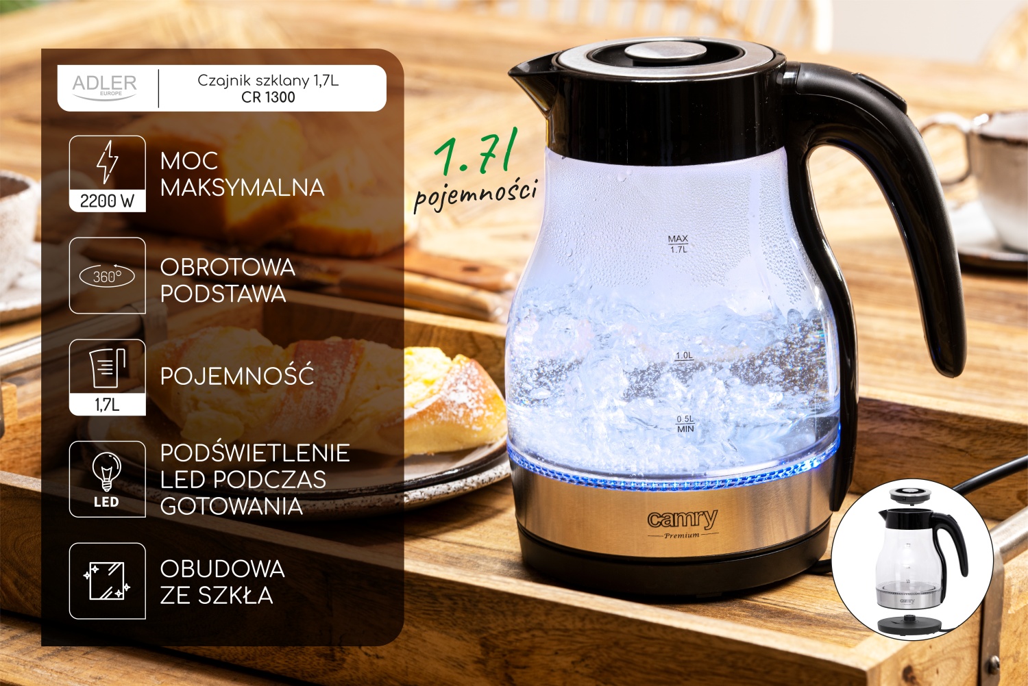 CR 1300 Czajnik Szklany 1,7 L Moc 2200W Automatyczne Wyłączanie