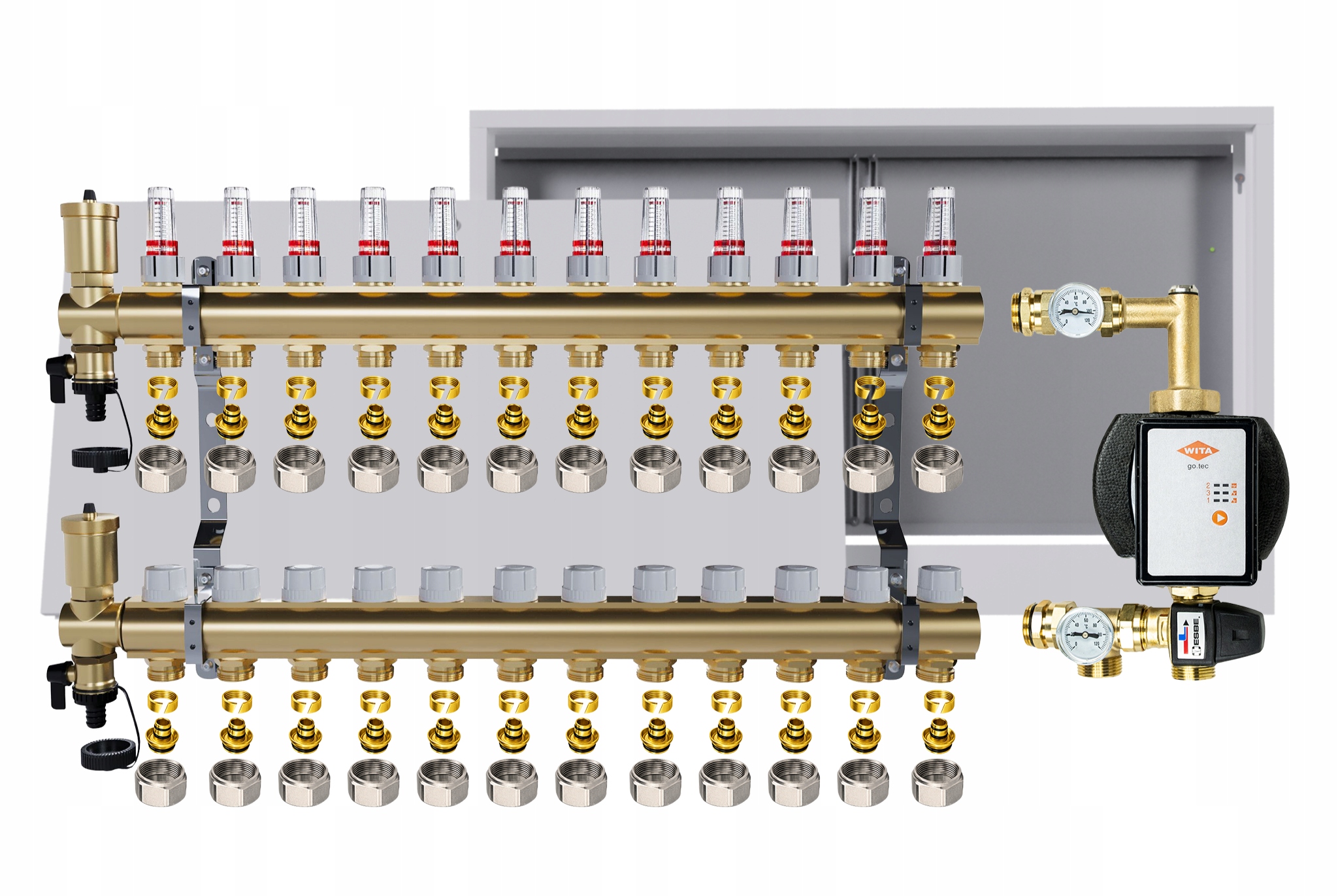 Rozdeľovač na podlahu 12 obvodov Nástenná skrinka Čerpadlo Vita Pex