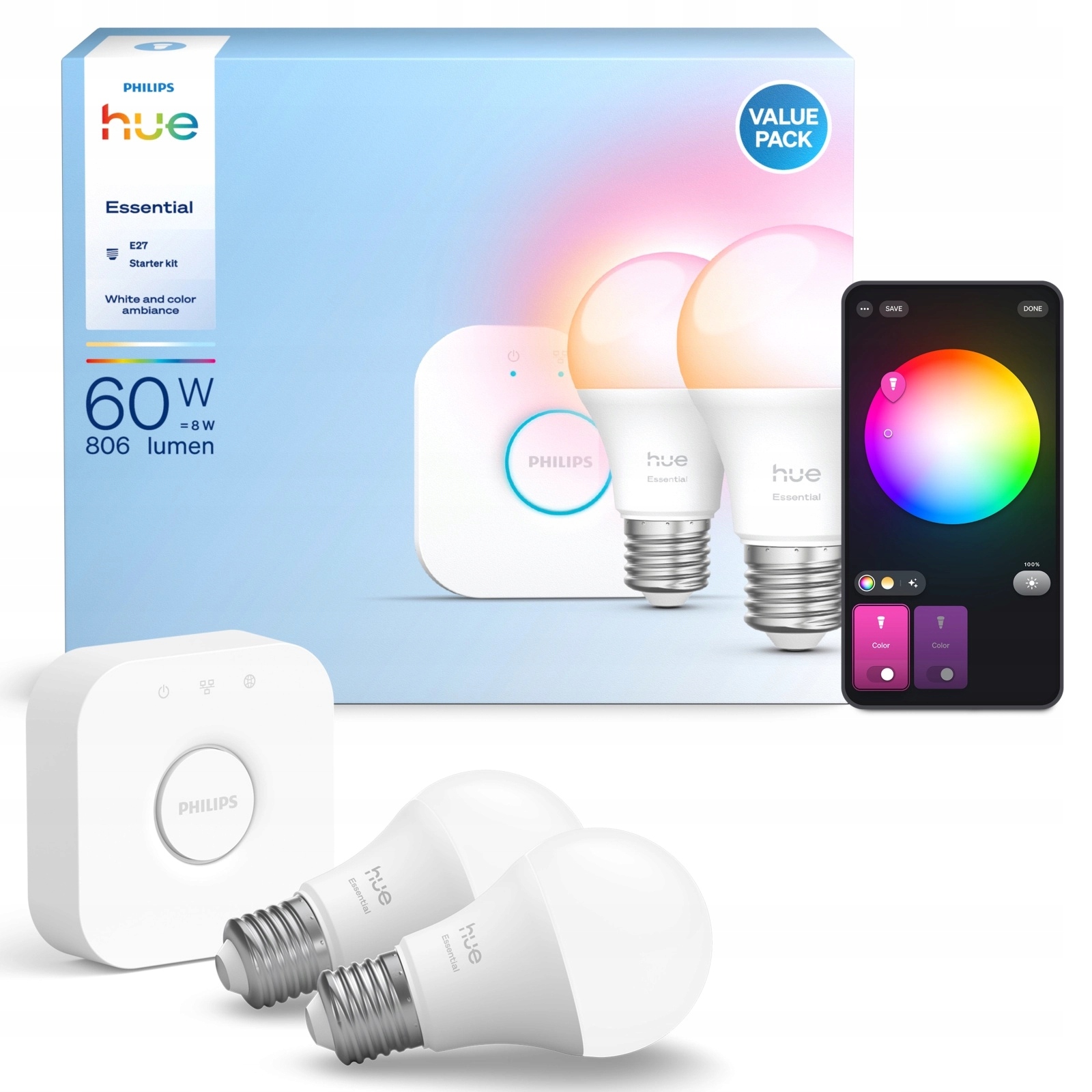 2x Led žárovka E27 8W 806lm Rgb Smart Mostek Bridge Philips Hue Essential