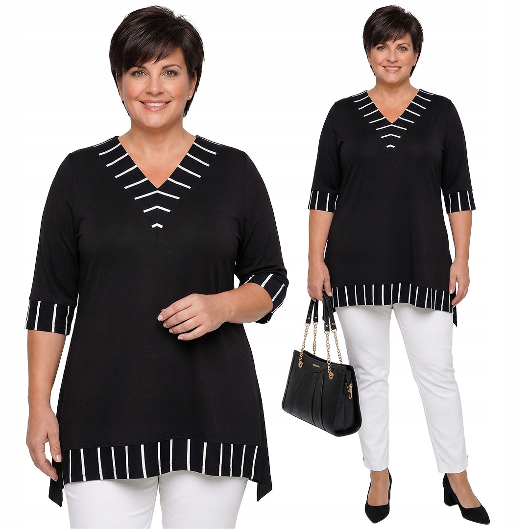 Černá tunika s pruhovanými lemy plus size velikost 60