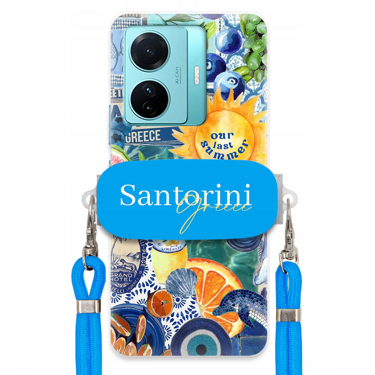 Puzdro pre Vivo S15 E Modré Crossbody vodítko držiak Santorini Sea Vibes