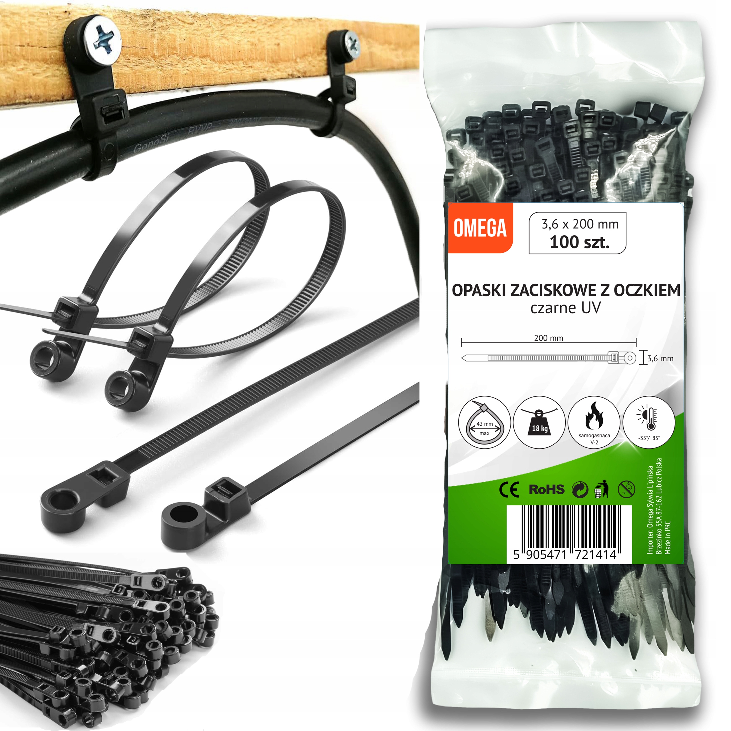 Opaski Z Uchwyt Trytki Zaciskowe Paskowy Kablowe Do Rur Uv Czarne 3,6X200