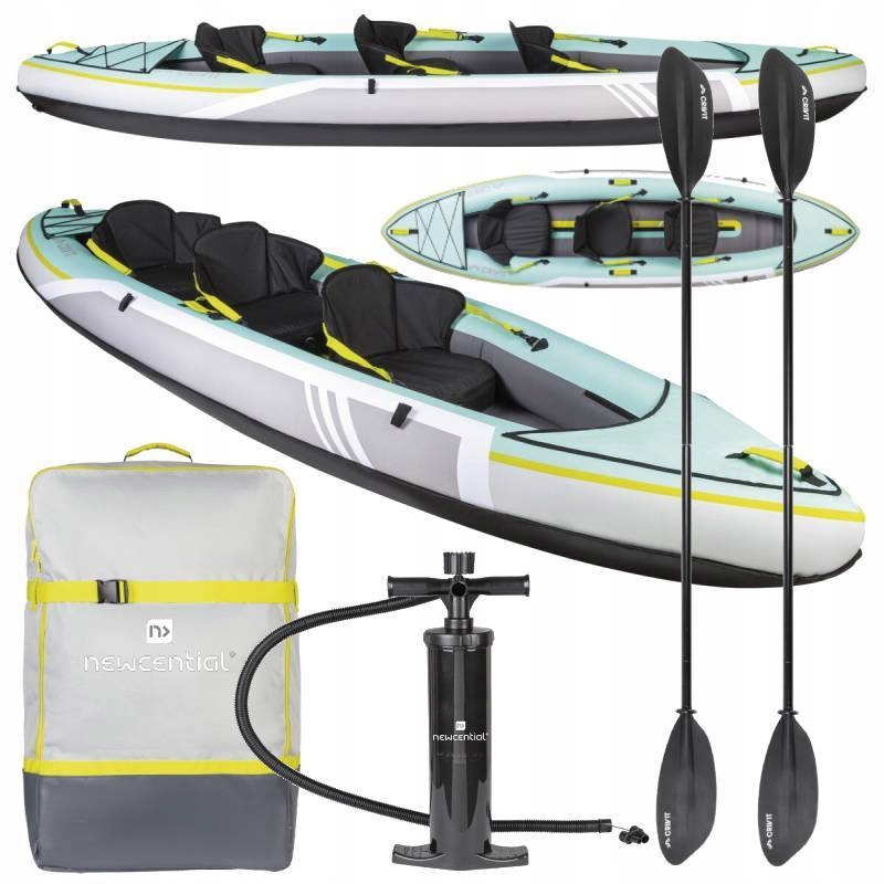 Kajak dmuchany 3-osobowy Newcential 382 cm wiosła, pompka, plecak Solidny